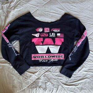 PrettyLittleThing Navy and Pink Crew Neck Sweatshirt Off Shoulder Graphic Racing